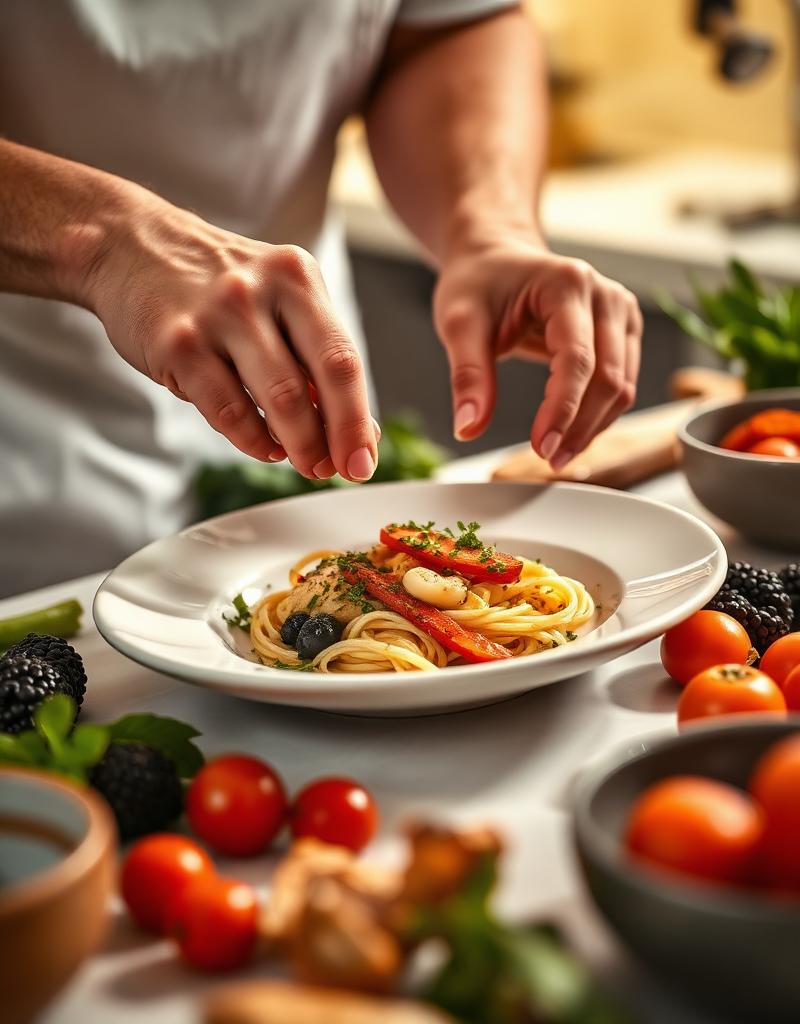 Chef plating a pasta dish