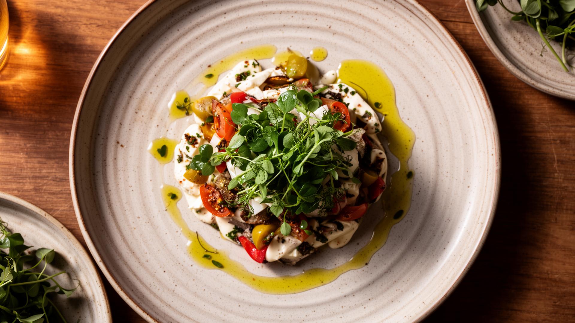 Beautifully plated dish with fresh herbs and olive oil