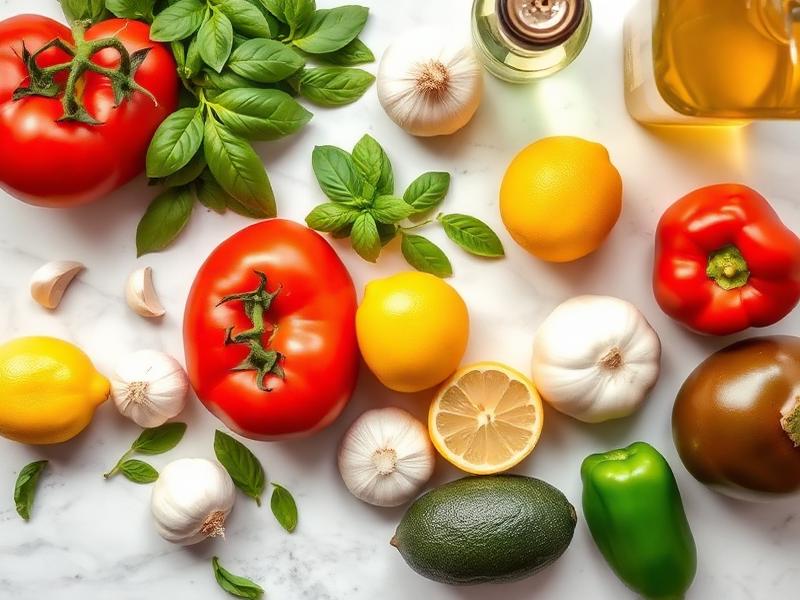 Fresh ingredients laid out on a marble surface